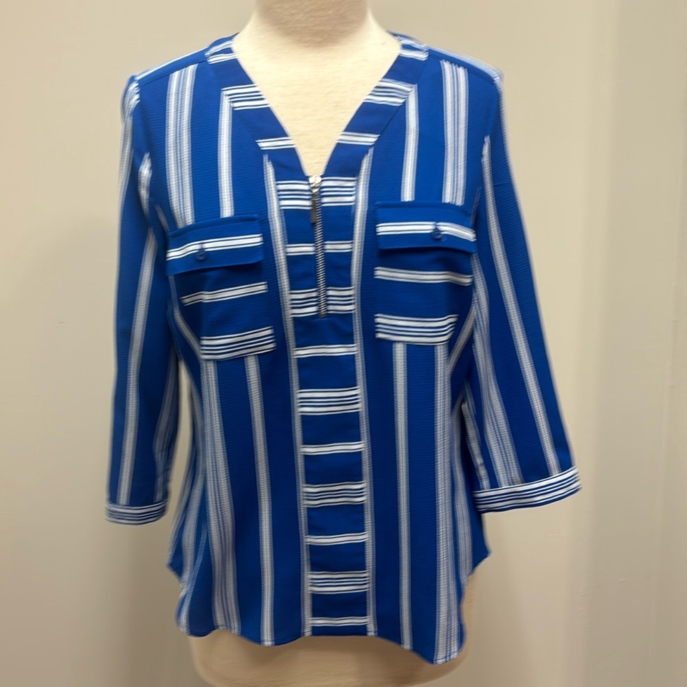 KIM ROGERS Baja Beach 3/4 sleeve Zip Polyester Stripe Blouse Top Petite M PM NEW